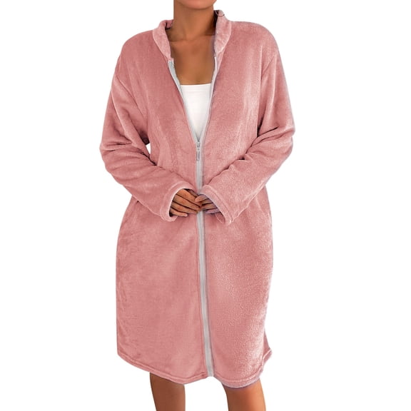 Arlun Womens Full Zipper Flannel Robes Fuzzy Soft Long Sleeve Loungewear Simple Solid Color Winter Warm Comfortable Sleepwear Casual Loose Knee Length Bathrobe Pink M