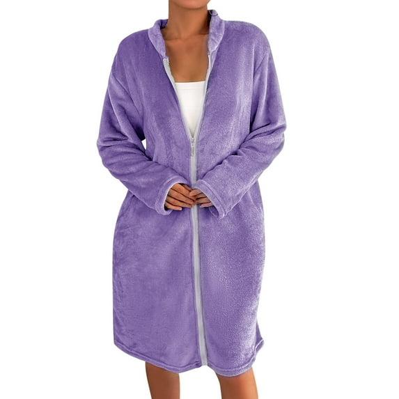 Arlun Womens Full Zipper Flannel Robes Fuzzy Soft Long Sleeve Loungewear Simple Solid Color Winter Warm Comfortable Sleepwear Casual Loose Knee Length Bathrobe Purple XL