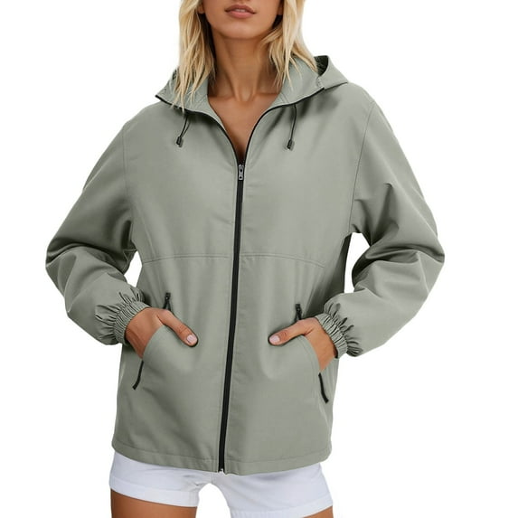 Arlun Womens Full Zipper Lightweight Breathable Jackets Solid Color Long Sleeve Fall Winter Windbreaker Hooded Softshell Coats Comfort with Pockets Outwear for Sports Hiking Army Green M