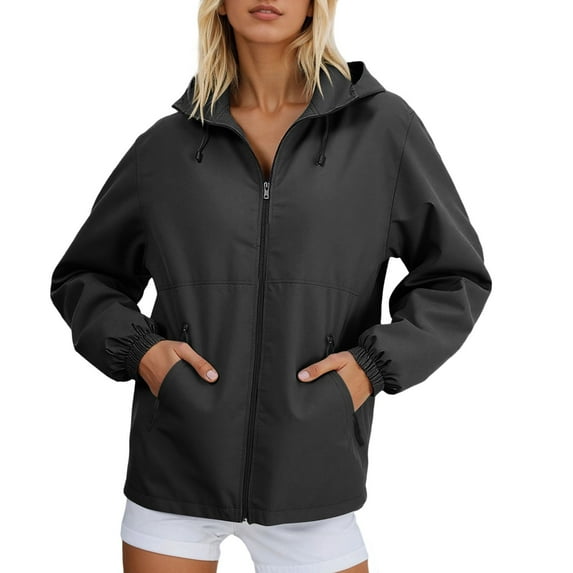 Arlun Womens Full Zipper Lightweight Breathable Jackets Solid Color Long Sleeve Fall Winter Windbreaker Hooded Softshell Coats Comfort with Pockets Outwear for Sports Hiking Black M