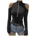 thumbnail image 1 of Arlun,Womens Half Zipper Cold Shoulder T Shirts 2025 Fall Fashion Plain Ribbed Stretchy Tight Sexy Tops Plus Size Women's Long Sleeve Soft Lightweight Tee Shirts Black S, 1 of 5
