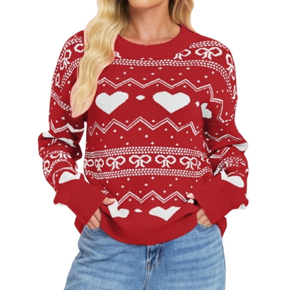 Arlun Womens Heart Chunky Sweater Crew Neck Long Sleeve Knitted Sweater Valentine's Day Cute Drop Shoulder Loose Comfortable Pullover Jumper Tops 1-Red L