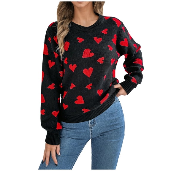 Arlun Womens Heart Chunky Sweater Crew Neck Long Sleeve Knitted Sweater Valentine's Day Cute Drop Shoulder Loose Comfortable Pullover Jumper Tops 2-Black L