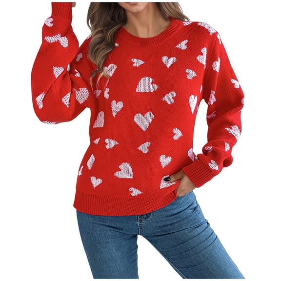 Arlun Womens Heart Sweater Crew Neck Long Sleeve Knitted Sweater Valentine's Day Cute Drop Shoulder Loose Comfortable Pullover Jumper Tops 2-Red L