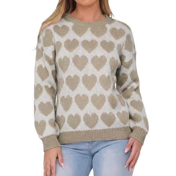Arlun Womens Heart Chunky Sweater Crew Neck Long Sleeve Knitted Sweater Valentine's Day Cute Drop Shoulder Loose Comfortable Pullover Jumper Tops 3-Khaki L