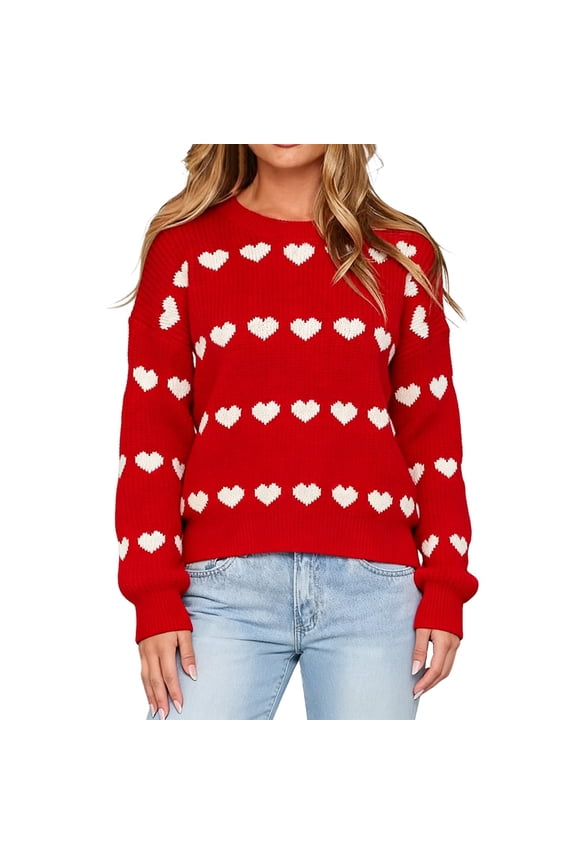 Womens Heart Sweater Crew Neck Long Sleeve Knitted Sweater Valentine's Day Cute Drop Shoulder Loose Comfortable Pullover Jumper Tops 4-Red L