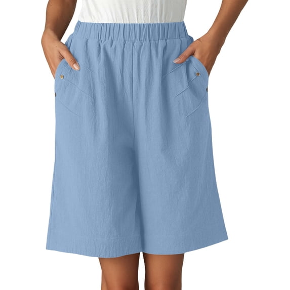 Arlun Womens High Waist Baggy Shorts Linen Loose Fit Five Point Pants with Pockets Solid Color Wide Leg Summer Shorts 2026 Beach Vacation Thin Breathable Bottoms Blue XL