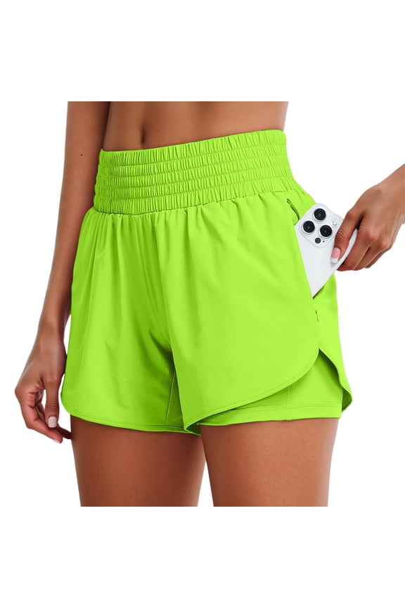 Arlun Womens High Waist Running Shorts Athletic Workout 2-in-1 Double Layer Quick Dry Shorts with Pockets Ladies Elastic Smocked Waisted Gym Yoga Solid Color Summer Shorts 2-Green M