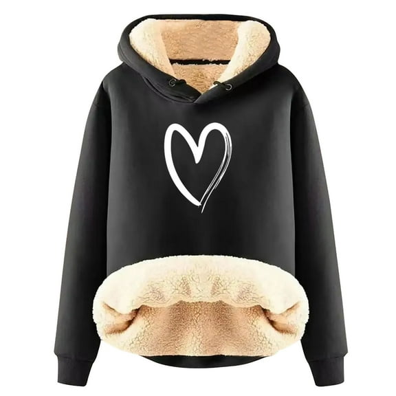 Arlun Womens Hoodies Warm Sherpa Lined Love Heartbeat Graphic Sweatshirts Oversized Casual Fall Winter Thickened Warm Loose Comfortable Hooded Pullover Tops Black4 XXL
