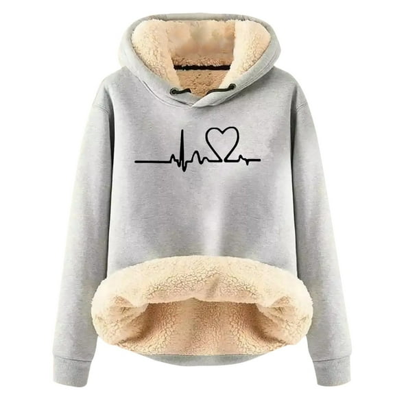 Arlun Womens Hoodies Warm Sherpa Lined Love Heartbeat Graphic Sweatshirts Oversized Casual Fall Winter Thickened Warm Loose Comfortable Hooded Pullover Tops Light Gray2 M