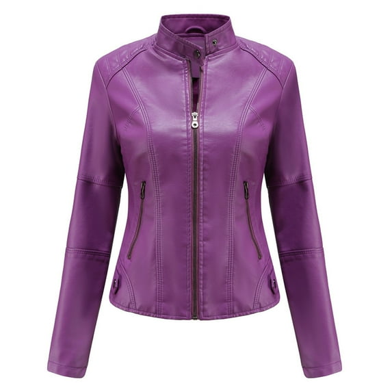 Arlun Womens Leather Jackets Full Zipper up Long Sleeve Leather Coats 2025 Slim Fitted Stand Collar Motorcycle Outwear Solid Color Long Sleeve Crop Bomber Jacket with Pockets Purple S