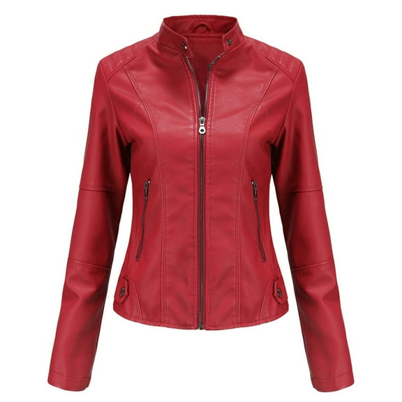 Arlun Womens Leather Jackets Full Zipper up Long Sleeve Leather Coats 2025 Slim Fitted Stand Collar Motorcycle Outwear Solid Color Long Sleeve Crop Bomber Jacket with Pockets Red XXL