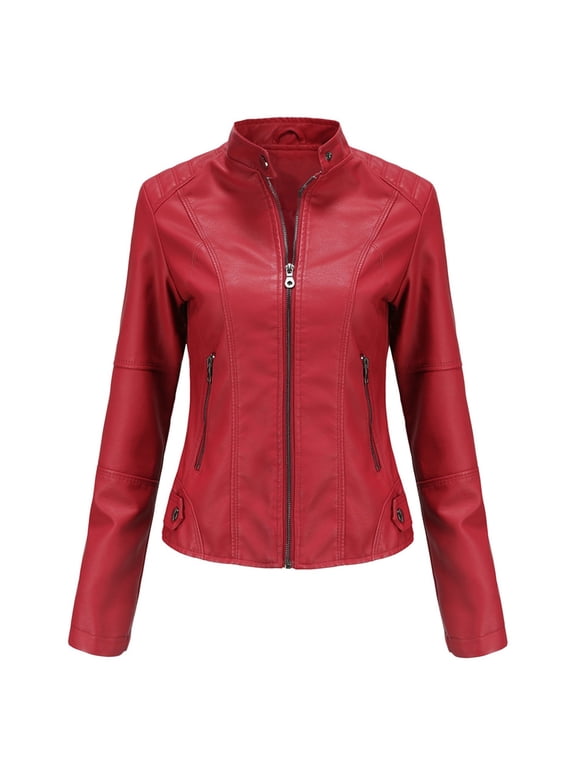 Womens Leather Jackets Full Zipper up Long Sleeve Leather Coats 2025 Slim Fitted Stand Collar Motorcycle Outwear Solid Color Long Sleeve Crop Bomber Jacket with Pockets Red M