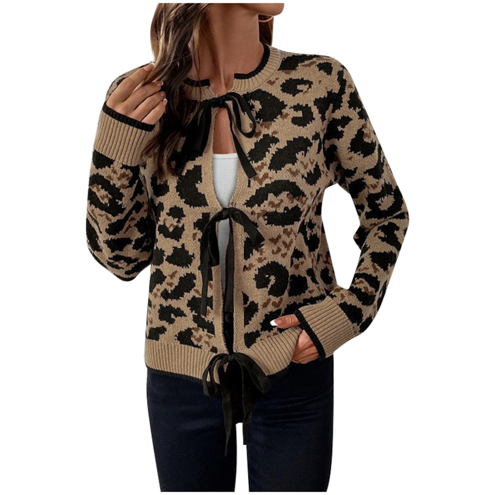 Leopard Pattern Sweaters Arlun Womens Leopard Print Bow Tie Cardigan Sweaters Tie Front Lace up ...