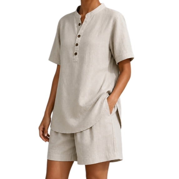 Arlun Womens Linen 2 Piece Sets Neck Button up Short Sleeve Shirts and Wide Leg Shorts Set Summer Relaxed Fit Casual Two Piece Outfits Solid Color Matching Set Daily Wear Grey S