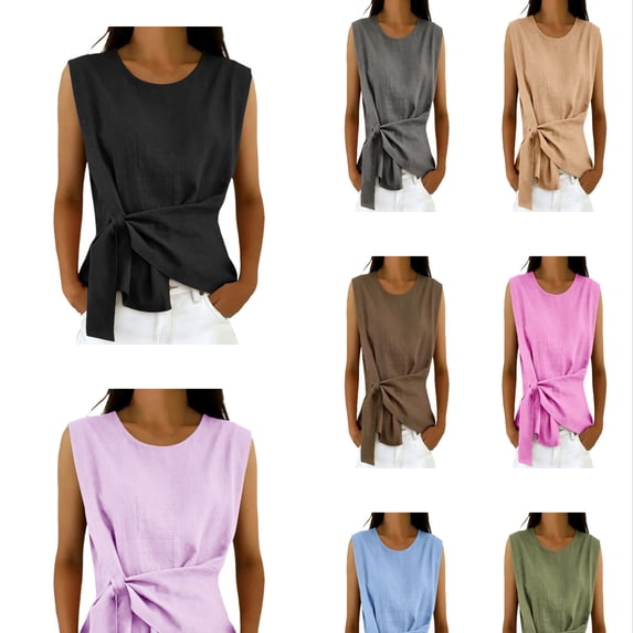 Arlun Womens Linen Wrap Tank Tops 2026 Ruched Tie Side Sleeveless Crew Neck Shirt Casual Summer Beach Blouse Elegant Solid Color Lightweight Comfy Going out Top 1-Black S
