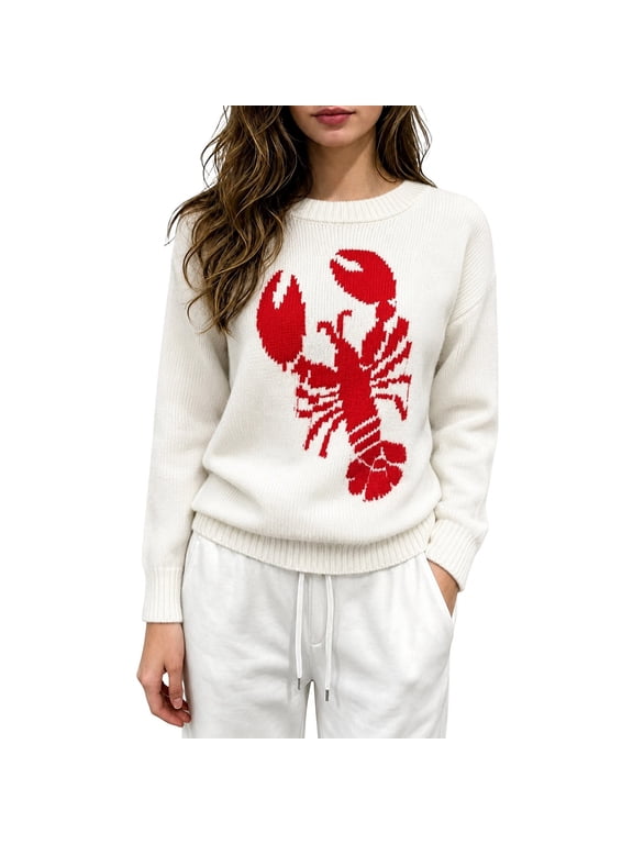 Womens Lobster Graphic Crew Neck Pullover Sweaters Casual Long Sleeve Knit Pullover Tops 2026 Fall Winter Relaxed Fit Comfy Jumpers for Holiday and Daily Wear 1-White XL