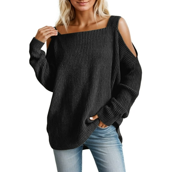 Arlun Womens Long Sleeve Cold Shoulder Sweaters Fall Winter Outfits 2026 Cable Knit Trendy Loose Comfortable Solid Color Pullover Oversized Drop Shoulder Plus Size Tunic Tops Black XL
