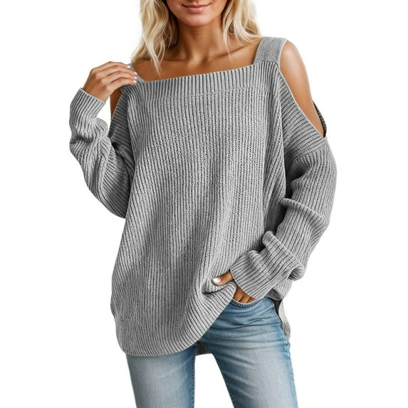 Arlun Womens Long Sleeve Cold Shoulder Sweaters Fall Winter Outfits 2026 Cable Knit Trendy Loose Comfortable Solid Color Pullover Oversized Drop Shoulder Plus Size Tunic Tops Grey L