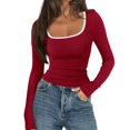 thumbnail image 1 of Arlun Womens Long Sleeve Color Block Scoop Neck Shirt Fall Lightweight Ribbed Knit Y2k Going out Tops Soft Comfy Winter Stretchy Base Layer Thermal Undershirts Daily Wear 1-Red L, 1 of 5