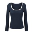 thumbnail image 1 of Arlun Womens Long Sleeve Color Block Scoop Neck Shirt Fall Lightweight Ribbed Knit Y2k Going out Tops Soft Comfy Winter Stretchy Base Layer Thermal Undershirts Daily Wear 1-Blue L, 1 of 5