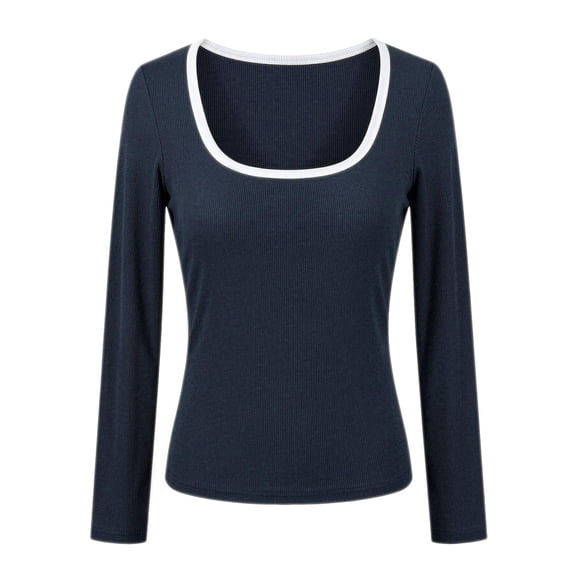 Arlun Womens Long Sleeve Color Block Scoop Neck Shirt Fall Lightweight Ribbed Knit Y2k Going out Tops Soft Comfy Winter Stretchy Base Layer Thermal Undershirts Daily Wear 1-Blue L
