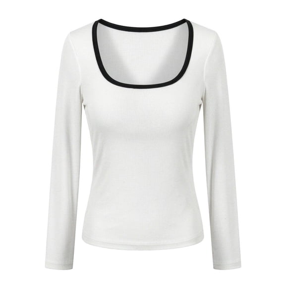 Arlun Womens Long Sleeve Color Block Scoop Neck Shirt Fall Lightweight Ribbed Knit Y2k Going out Tops Soft Comfy Winter Stretchy Base Layer Thermal Undershirts Daily Wear 1-White XS