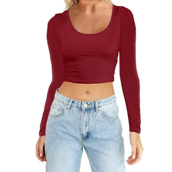 Arlun Womens Long Sleeve Crop T Shirts Crewneck Soft Comfortable Stretch Slim Fit Tops Casual Solid Color Basic Thin Breathable Pullovers Red XL