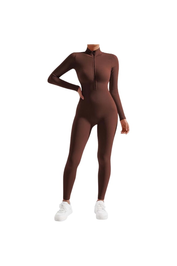 Womens Long Sleeve Ribbed Jumpsuits Zipper up Front Workout Bodycon Romper High Waist Body Shaping Activewear Comfortable Pure Yoga Fitness Outfits Coffee M