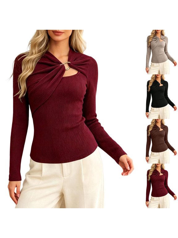 Womens Long Sleeve Shirts Asymmetrical Draping Open Metal Button up Neck Cut out Going out Tops Casual Stretchy Soft Comfy Solid Color Ribbing Knit Slim Fit Tshirts 1-Red XXL