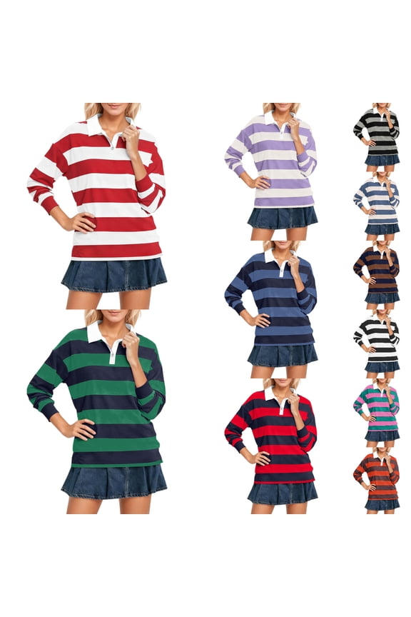 Womens Long Sleeve Striped Polo Shirts Oversized Quarter Button Collar Y2k Pullover T Shirts Casual Loose Soft Comfortable Streetwear Rugby Lightweight Going out Tops Dark Blue S