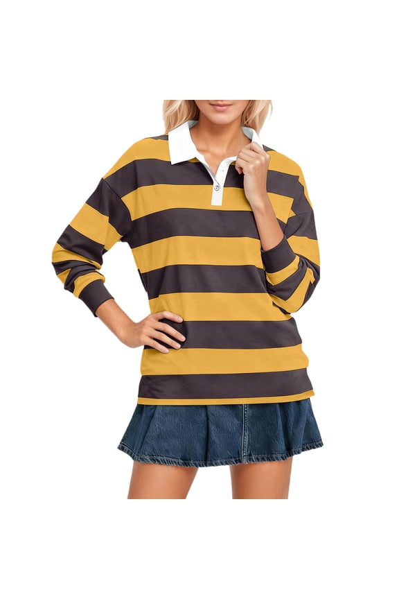 Womens Long Sleeve Striped Polo Shirts Oversized Quarter Button Collar Y2k Pullover T Shirts Casual Loose Soft Comfortable Streetwear Rugby Lightweight Going out Tops Yellow XL
