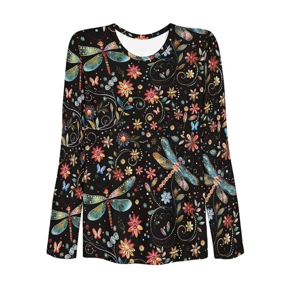 Arlun Womens Long Sleeve T Shirts Basic Crewneck Tee Fall Pullover Tops Casual Workout Fashion Graphic Print Going out T-Shirts Y2k Winter Base Layer Clothes 5-Black XL