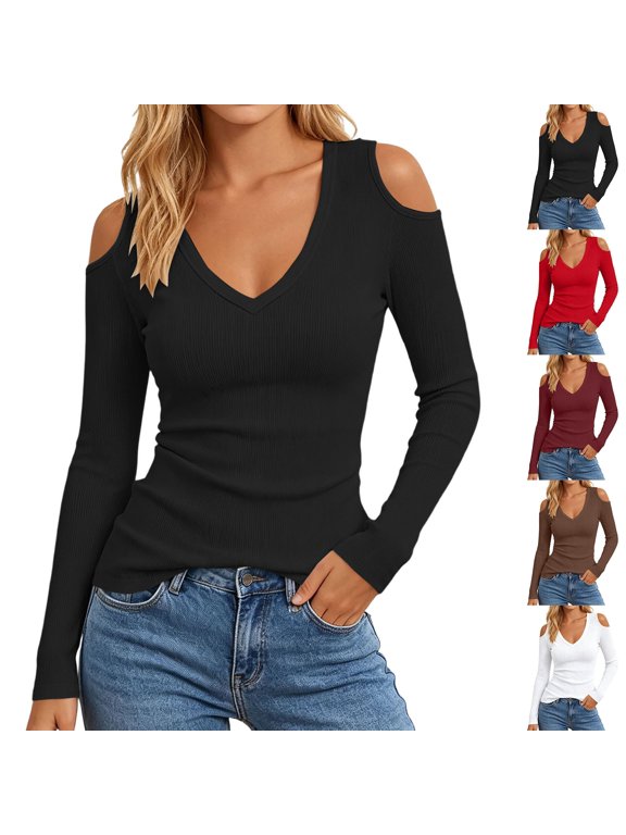 Womens Long Sleeve V-Neck Cold Shoulder Tops 2026 Fall Solid Color Ribbing Slim Fit Tunic Top Casual Dressy Lightweight Stretchy Soft Comfy Tight T Shirts for Daily Wear 1- S