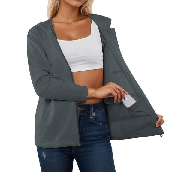 Arlun Womens Long Sleeve Zip up Jackets Long Sleeve Lightweight Thin Coats with Inside Pockets Soft Comfortable Solid Color Fall Fashion Full Zipper Hooded Outerwear Dark Gray S