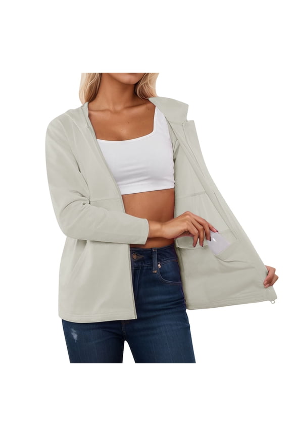 Womens Long Sleeve Zip up Jackets Long Sleeve Lightweight Thin Coats with Inside Pockets Soft Comfortable Solid Color Fall Fashion Full Zipper Hooded Outerwear Beige XL