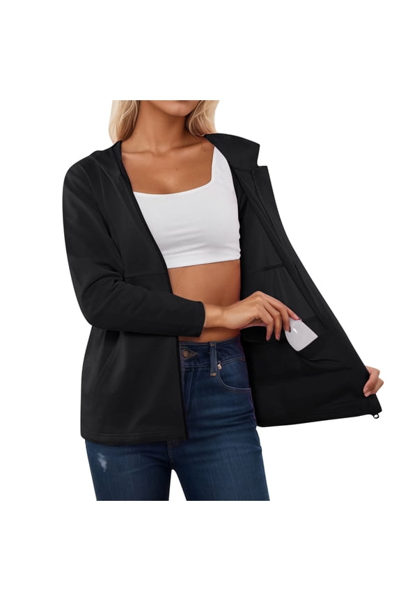 Womens Long Sleeve Zip up Jackets Long Sleeve Lightweight Thin Coats with Inside Pockets Soft Comfortable Solid Color Fall Fashion Full Zipper Hooded Outerwear Black L