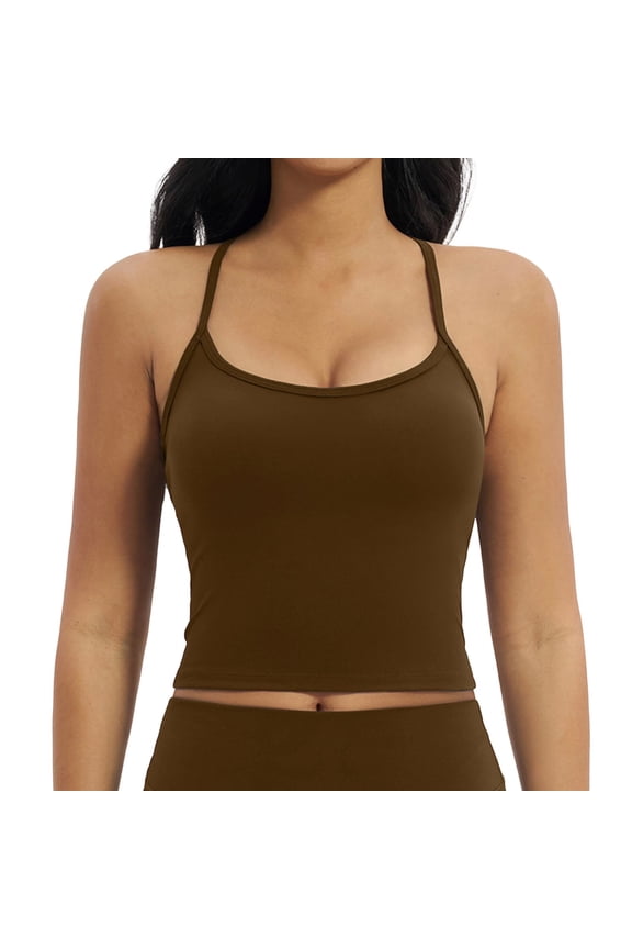 Womens Longline Sports Bras Cross Back Active Gym Yoga Padded Workout Crop Tank Top with Built in Bra Seamless Stretch Supportive Tight Camisole Brown S