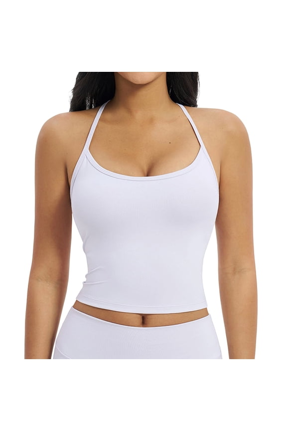 Womens Longline Sports Bras Cross Back Active Gym Yoga Padded Workout Crop Tank Top with Built in Bra Seamless Stretch Supportive Tight Camisole Light Purple M