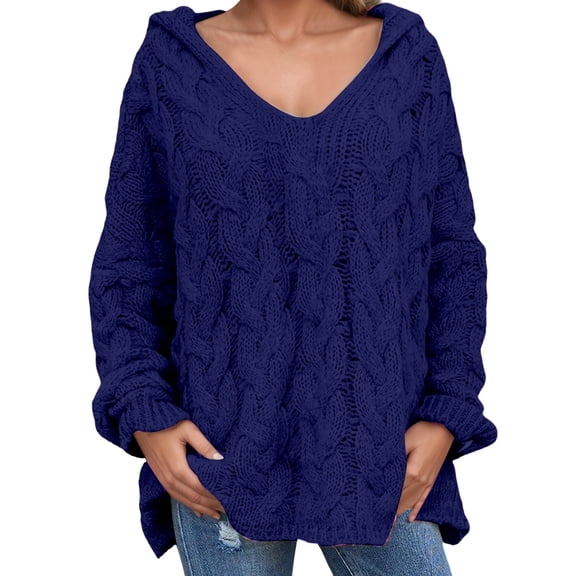 Arlun Womens Loose Cable Knit Hooded Sweaters V-Neck Long Sleeve Solid Color Pullovers Trendy Oversized Comfortable Warm Winter Outfit Clothes Dark Blue M