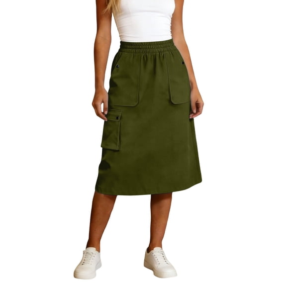 Arlun Womens Midi Cargo Skirts Elastic High Waisted Loose Fit Mid Length a Line Skirts Trendy Solid Color Straight Pocketed Skirt for Spring and Summer Everyday Wear Army Green L