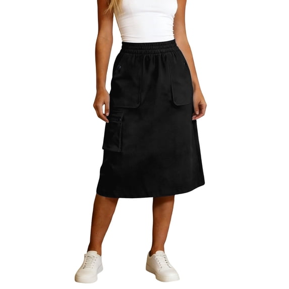 Arlun Womens Midi Cargo Skirts Elastic High Waisted Loose Fit Mid Length a Line Skirts Trendy Solid Color Straight Pocketed Skirt for Spring and Summer Everyday Wear Black XXL