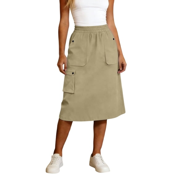 Arlun Womens Midi Cargo Skirts Elastic High Waisted Loose Fit Mid Length a Line Skirts Trendy Solid Color Straight Pocketed Skirt for Spring and Summer Everyday Wear Khaki S