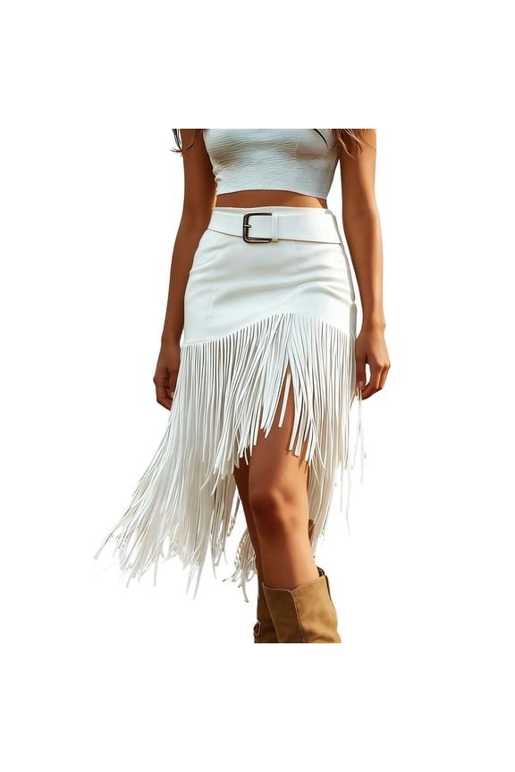 Womens Midi Fringe Skirt Irregular Western Tassel Cowlgirl Retro Tight Skirts High Waisted Boho Trim Stretch Bodycon Skirt White XL
