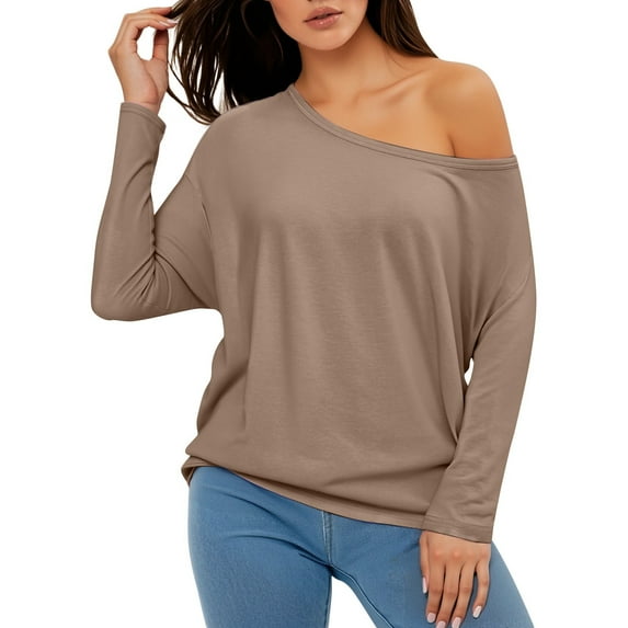 Arlun,Womens One Shoulder T Shirts Plus Size Long Sleeve Asymmetrical Neck Tshirts Y2K Solid Color Loose Fit Comfy Lightweight Basic Tops 2025 Coffee S