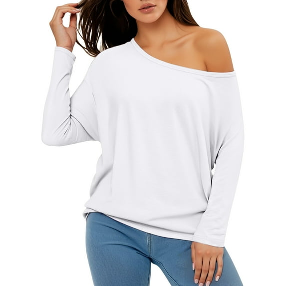 Arlun,Womens One Shoulder T Shirts Plus Size Long Sleeve Asymmetrical Neck Tshirts Y2K Solid Color Loose Fit Comfy Lightweight Basic Tops 2025 White XL