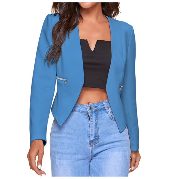 Arlun Womens Open Front Work Blazer Long Sleeve Lightweight Comfy Business Casual Office Jackets Solid Color Open Front Slim Fitted Cardigans with Pockets Blue L
