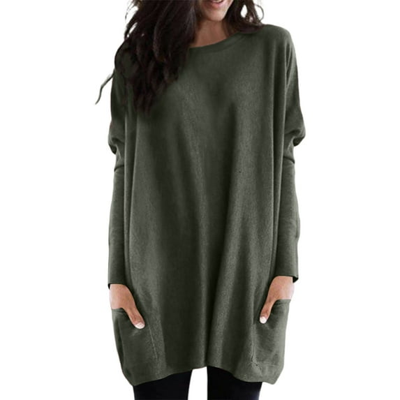 Arlun Womens Oversized Crewneck T Shirts Solid Color Loose Fit Fall Casual Tops Ladies Long Sleeve Lightweight Breathable Tunic Tshirts with Pockets Green XL