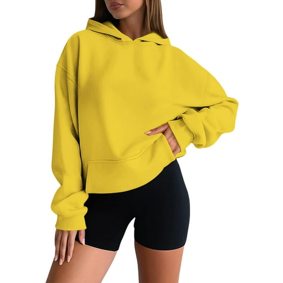 Arlun Womens Oversized Hoodies Sweatshirts Fall Fashion 2025 Loose Fit Drop Shoulder Pullovers Solid Color Soft Comfortable Hooded Tops With Pockets Yellow XS