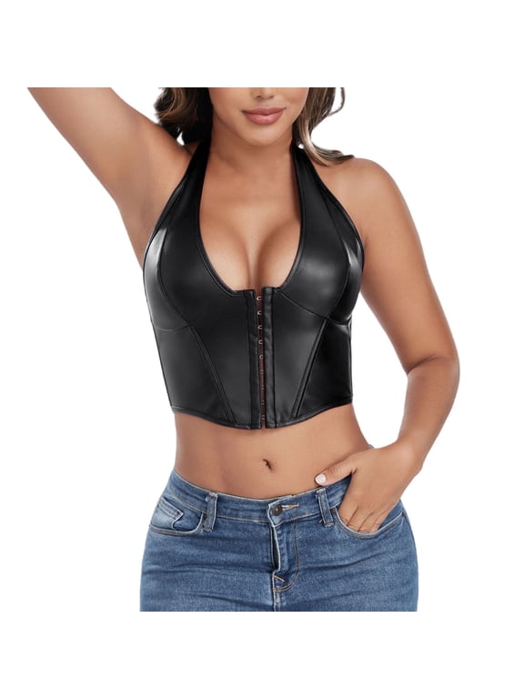 Womens PU Leather Halter Neck Tank Tops Lace up Backless Corset Bustier Fashion Y2k Going out Party Vest Clubwear with Hook Eye Fastener Black L